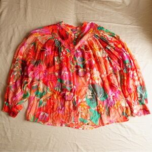 Vince Camuto Tropical Floral Gauzy Sheer Blouse Button Up